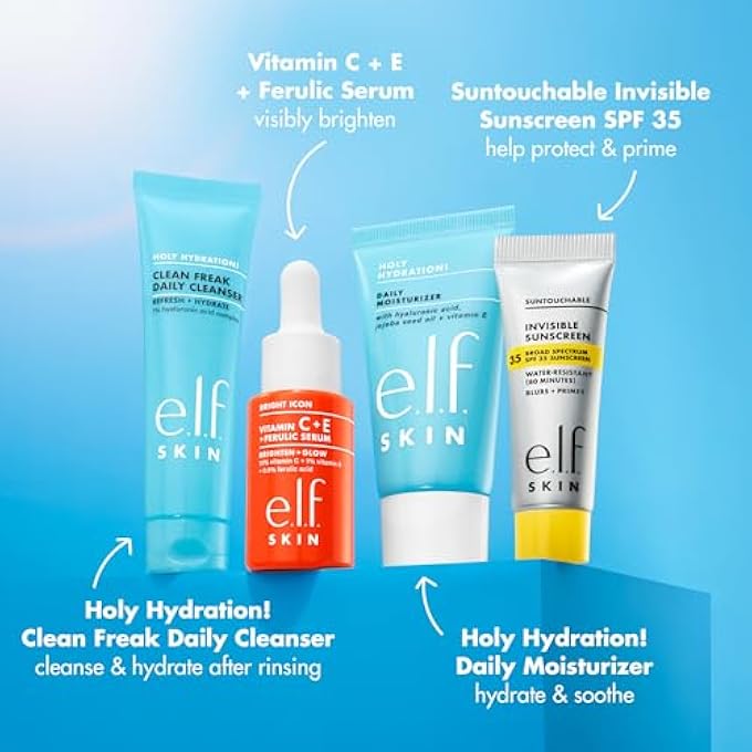 elf SKIN WAKE THE UP SKINCARE KIT, TRAVEL-SIZE HYDRATING FACE CLEANSER, SUNSCREEN, MOISTURIZER & BRIGHTENING SERUM, VEGAN & CRUELTY-FREE - Image 3